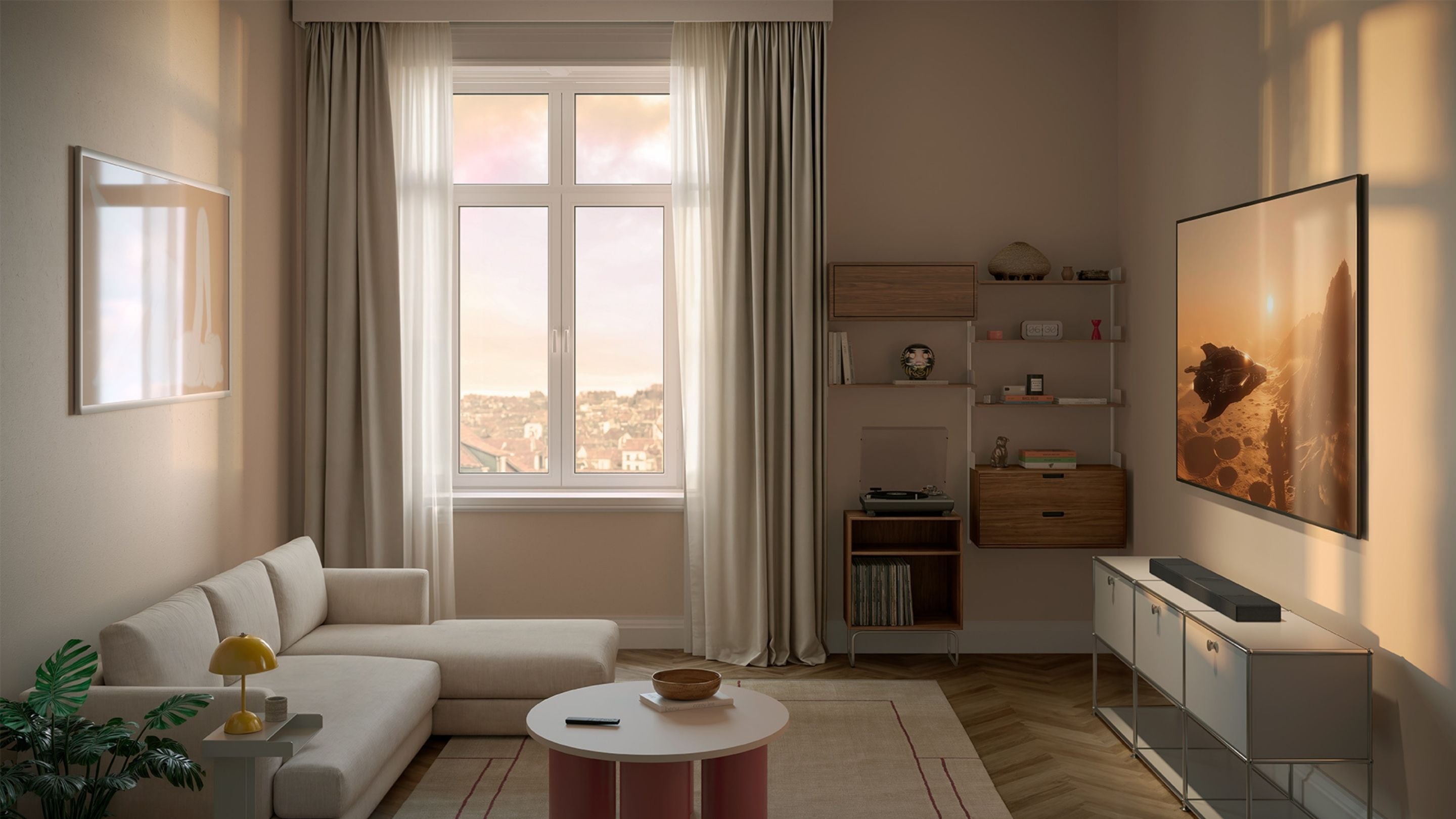 A living room setup with a comfortable sofa, a stylish coffee table, and a television beneath there's KEF XIO Sound bar